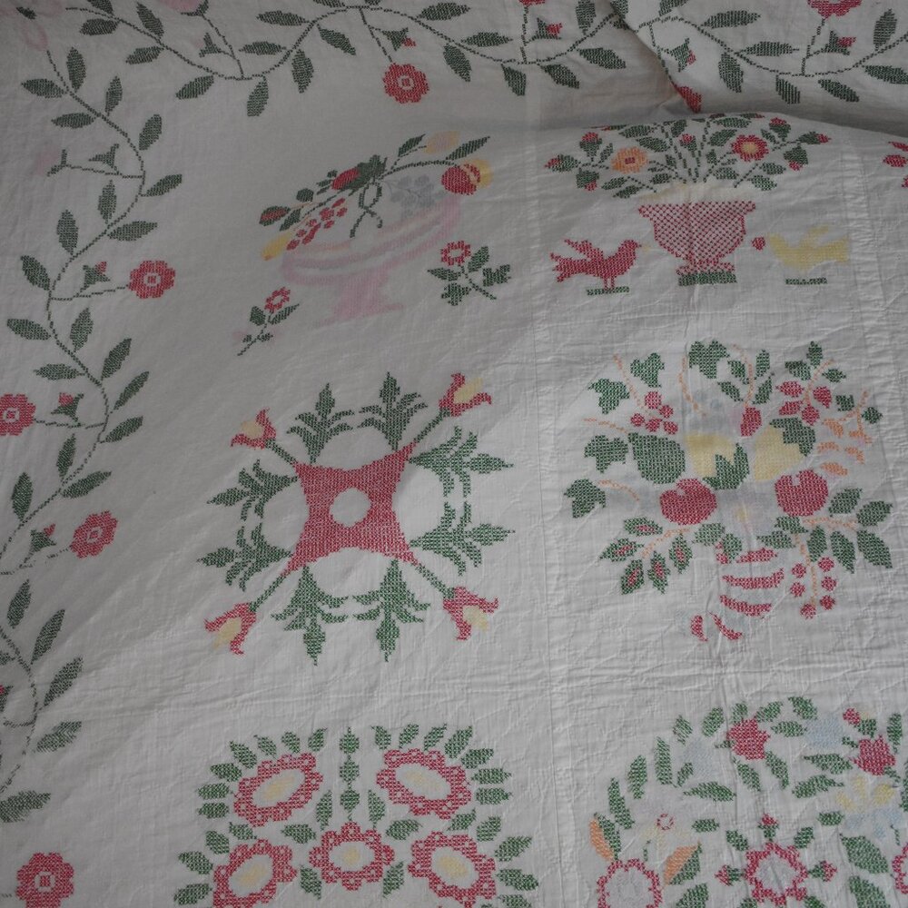 Vintage Handmade Cross Stitched Quilt Embroidered Baltimore Album Quilt 72 X 62 - Picture 12 of 13